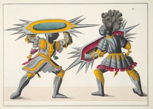 Kaksi taistelevaa ritaria, kuva teoksesta "A History of the Development and Customs of Chivalry", kirjoittanut tohtori Franz Kottenkamp, Carl Hoffmannin kustantama, 1842. tekijältä Friedrich Martin von Reibisch