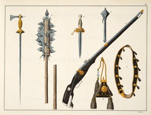 Aseet, mukaan lukien musketti, n. 1400, levy julkaisusta "A History of the Development and Customs of Chivalry", kirjoittanut tohtori Franz Kottenkamp, julkaissut Carl Hoffmann, 1842