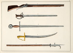 Aseet, mukaan lukien miekat ja keihäät, n. 1400, levy julkaisusta A History of the Development and Customs of Chivalry, kirjoittanut tohtori Franz Kottenkamp, julkaissut Carl Hoffmann, 1842
