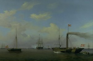 Tanskalainen laivue ankkurissa Warnemünde rhedissä. Heidän kuninkaalliset korkeutensa kruununprinssi ja kruununprinsessa saapuvat höyrylaivalla "Kiel" laivueelle, ja sotalaiva "Christian the Eighth" alkaa tervehtiä tekijältä Friedrich Theodore Kloss
