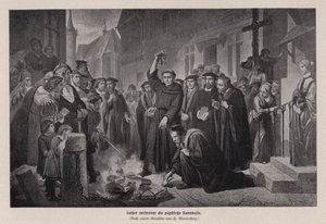 Martin Luther polttaa paavin bullan Wittenbergissä, Saksassa tekijältä Friedrich Wilhelm Heinrich Martersteig