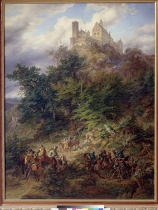 Maisema ritarien kanssa (The Wartburg), kirjoittanut Preller, Friedrich, vanhin (1804-1878). Öljy kankaalle