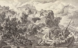 Odysseus lähtee Kyklooppien saarelta (kaiverrus) tekijältä Friedrich the Elder Preller