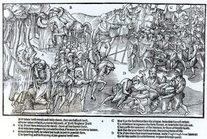 Irlantilainen päällikkö saa papin siunauksen ennen lähtöään taistelemaan englantilaisia vastaan, jotka on esitetty täydessä haarniskassa, levy 4 John Derricken teoksesta The Image of Ireland, 1581. tekijältä Friedrich van Hulsen