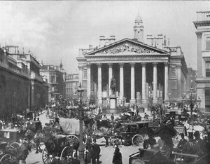 Vilkas kulma - Royal Exchange ja Bank of England, 1909. tekijältä Frith and Co