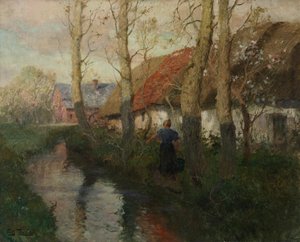 Normandian joki ja vettä kantava nainen tekijältä Frits Thaulow