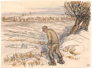 Maanviljelijä jäätyneen järven rannalla tekijältä Fritz Syberg