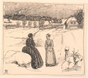 Ulkona lumessa istui nainen pitkissä mustissa vaatteissa... tekijältä Fritz Syberg