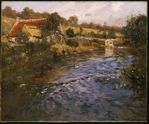 Jokimaisema pesurin kanssa tekijältä Frits Thaulow