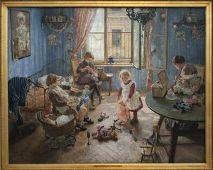 päiväkoti. Fritz von Uhden (1848-1911) maalaus öljy kankaalle