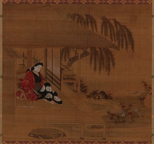 Puutarha, sisustus ja istuva tyttö, Edo-kausi, 1615-1868. tekijältä Furuyama Moroshige