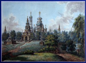Uusi Jerusalemin luostari. Venäjän ortodoksinen arkkitehtuuri Istrassa lähellä Moskovaa. Fjodor Jakovlevich Aleksejevin (1753-1824) teos, akvarelli ja tussi paperille, n. 1800. Venäläinen taide, 1800-luvun alku, klassismi. st tekijältä Fyodor Alexeyev