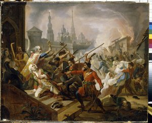 Venäjän talonpoikaissota 1773-1775 (Jaik-kasakkojen Jackson): Kazanin taistelu heinäkuussa 1774, Emelian Ivanovitch Pougatchov (Iemelian tai Emilien Pougatchov) (1742-1775) kapinan kohtaus. (Pugatšovin Kazanin taistelu heinäkuussa 1774. tekijältä Fyodor Antonovich Molier