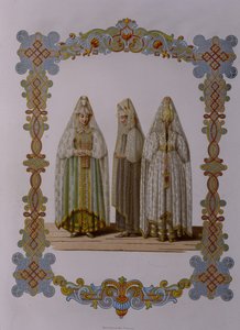 Torzhokin tyttöjen puvut sarjasta Venäjän valtion vaatteet, 1851 tekijältä Fyodor Grigoryevich Solntsev