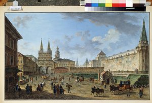 Moskova, Näkymä ylösnousemusportille Punaisella torilla. Fjodor Jakovlevich Aleksejevin (1753-1824) maalaus. Akvarelli ja guassi paperille, 58,2 x 91,2 cm, n. 1801. Venäläistä taidetta, klassismia. Museo