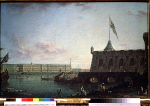 Näkymä Pietarin ja Paavalin linnoituksesta ja palatsin penkerältä Pietarissa. Fjodor Jakovlevich Aleksejevin (1753-1824) maalaus. Öljy kankaalle, 71,5 x 109 cm