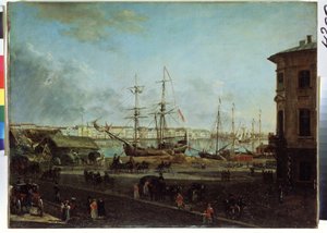 Näkymä Englannin pengerrykseen Vasilievsky-saarelta, Pietarista (Näkymä Englannin pengerrykseen Vasilievsky-saarelta). Fjodor Jakovlevich Aleksejevin (1753-1824) maalaus. Öljy kankaalle, 53 x 72,5 cm