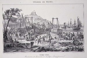 Tykkiveneiden kokoaminen uudelleen Tche-Foun rannalla elokuvasta "The War in China" tekijältä G.C. de Fortavion