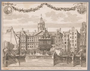 Väkijoukko Dam-aukiolla Amsterdamissa juhlii Willem IV:n julistamista kaupunginhaltijaksi Kuvaus ihmisistä ja lipuista, jotka ammuttiin, kun prinssi William IV julisti Hollannin valtionhaltijaksi jne., tehty Amsterdamiin asti 2. toukokuuta 1747 (nimi o tekijältä G.J. Marstaller