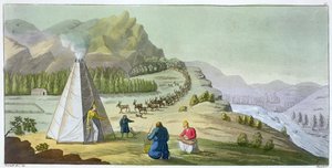 Poronpaimentaminen, Lappi, levy 47 Jules Ferrarion "Le Costume Ancien et Modernesta", kaiverrus Angelo Biasioli (1790-1830), julkaistu noin 1820-30-luvulla