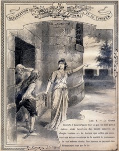 1789: Ihmisten ja kansalaisten oikeuksien julistus: Vapaus. Kaiverrus "Yksittäisessä moraalin ja kansalaisopetuksen kirjassa, joka on tarkoitettu peruskoulun kolmen kurssin oppilaille ja Lycees and Colleges -koulujen alaluokkien oppilaille, 2. tekijältä G. Dascher
