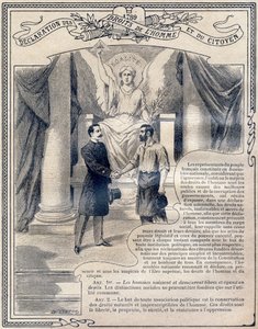 1789: Ihmisten ja kansalaisten oikeuksien julistus: Tasa-arvo. Kaiverrus "Yksittäisessä moraalin ja kansalaisopetuksen kirjassa, joka on tarkoitettu peruskoulun kolmen kurssin oppilaille sekä lyseiden ja korkeakoulujen alaluokkien oppilaille, 2.