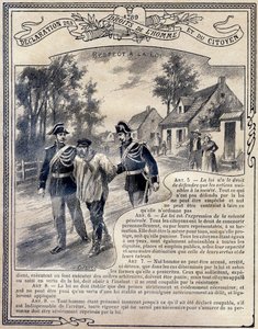 1789: Ihmisten ja kansalaisten oikeuksien julistus: Lain kunnioittaminen. Kaiverrus "Ainutlaatuiseen etiikan ja kansalaisopetuksen kirjaan, joka on tarkoitettu peruskoulun kolmen kurssin opiskelijoille sekä Lycees and Colleges, Deuxi -koulujen alaluokkien 