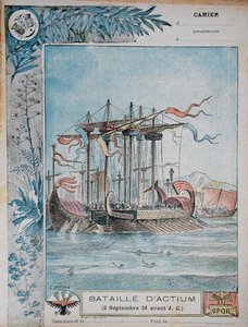Actiumin taistelua kuvaavan koulun harjoituskirjan kansi, 2. syyskuuta 31 eKr., n. 1900 (värinen lito)