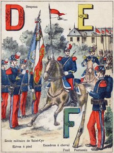 Kirjaimet D E F: Lippu, Saint-Cyrin sotakoulu (Saint Cyr), Eleves jalkaisin, hevoslentue, kivääri ja fantassin, n. 1900 (litografia)