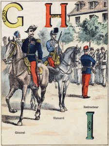 Kirjaimet G H I: Kenraali, Hussard ja opettaja. Kaiverrus "Alphabet militaire", Grand-Bebe-sarjassa. Kaiverrus. Pont-a-Mousson-kuvaus. Louis Vagne, kirjapaino-kustantaja, noin 1900. Kuvitukset G. Dascher. 20 sivua. Mitat: 31,5 x 24,5 cm tekijältä G. Dascher