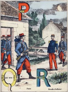 Kirjaimet P Q ja R: Post, Qui vive! ja upseerikierros. Kaiverrus "Alphabet militaire", Grand-Bebe-sarjassa. Kaiverrus. Pont-a-Mousson-kuvaus. Louis Vagne, kirjapaino-kustantaja, noin 1900. Kuvitukset G. Dascher. 20 sivua. Mitat: 31,5 x 24,5 cm