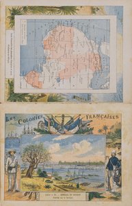 Kartta ranskalaisten omaisuudesta ja vaikutusalueista Afrikassa ja näkymä Senegal-joelle, koulun harjoituskirjan kansi, 1800-luvun loppu (värikaiverrus)