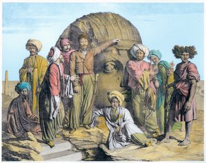 Arkeologi Bernardino Drovetti mittaa valtavaa päätä Egyptin autiomaassa, 1819 tekijältä G Engelmann