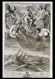 Jupiter heittää myrskyn valtamerelle, kuvitus Anthony Le Grandin "Filosofian periaatteet" kirjan 1 osan 6 luvusta 16, kaiverrus Johannes Kip (16523-1722), 1694