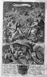 Taivaan ja helvetin kohtaus, kuvitus Anthony Le Grandin "Filosofian periaatteet" kirjan 1 osan 3 johdannosta, kaiverrus Johannes Kip (1652/3-1722)