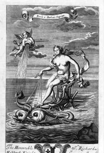 Delfiinien piirtämä Venus ratsastaa vaunuillaan, kuvitus Anthony Le Grandin kirjan "Filosofian periaatteet" kirjan 1 osan 6 luvusta 11, kaiverrus Michiel van der Gucht (1660-1725)