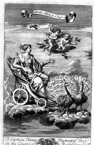 Peacocksin piirtämä Venus vaunuissa, kuvitus Anthony Le Grandin kirjan "Filosofian periaatteet" kirjan 1 osan 6 luvusta 13, kaiverrus Johannes Kip (1652/3-1722)