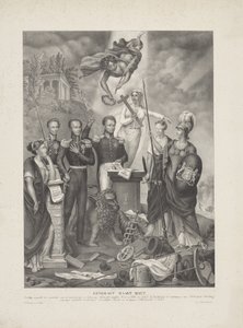 Allegoria prinssin ja kansan välisestä liitosta, 1832 Eendragt esittelee Magt / Zinnebeeldigin prinssin ja kansan välisen loistokkaan ja anteliaan Eendrachtin muistoksi hollantilaisten oikeuksien ylläpitämiseksi ja puolustamiseksi (otsikko o tekijältä G. Havius Zanders