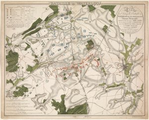 Kaart van de Slag Waterloossa, 1815 Waterloon taistelu / Waterloon taistelukentän suunnitelma nimeltä Belle-Alliance. Ikimuistoinen voitto, jonka liittoutuneiden armeijat voittivat 18. kesäkuuta 1815 (...) (otsikko esineessä) tekijältä G. Jacowick