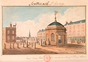 "Great Dover Road Turnpike ja kaukainen näkymä St Georgen kirkolle", Southwark, Lontoo, 1825