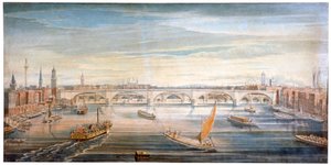 Näkymä uudelle London Bridgelle lännestä, veneillä ja proomuilla Thamesilla, 1831.