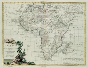 Afrikka jaettu tärkeimpiin osavaltioihinsa, G. Zulianin kaiverrus, joka on otettu Antonio Zattan Venetsiassa vuonna 1776 julkaisemasta uusimman atlasin Tome I:stä, yksityinen kokoelma tekijältä G. Zuliani