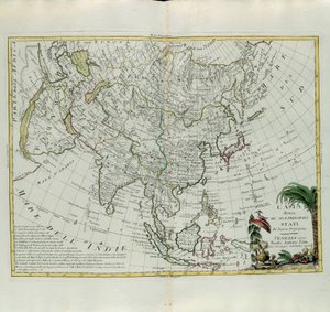 Aasia jaettu tärkeimpiin osavaltioihinsa, G. Zulianin kaiverrus, joka on otettu Antonio Zattan Venetsiassa vuonna 1777 julkaisemasta uusimman atlasin Tome I:stä, yksityinen kokoelma tekijältä G. Zuliani