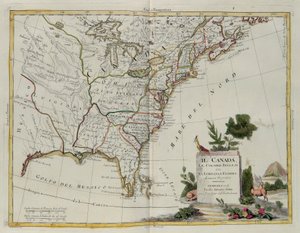 Kanada, Englannin siirtokunnat Louisianan ja Floridan kanssa, G. Zulianin kaiverrus otettu Antonio Zattan Venetsiassa vuonna 1778 julkaistun uusimman atlasin Tome I:stä, yksityinen kokoelma tekijältä G. Zuliani