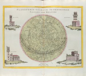 Päiväntasaajalta leikattu pohjoisen taivaan tasopallon kosmografinen taulukko, G. Zulianin kaiverrus, joka on otettu Antonio Zattan Venetsiassa vuonna 1777 julkaisemasta uusimman atlasin Tome I:stä tekijältä G. Zuliani