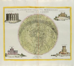 Päiväntasaajalta leikattu eteläisen taivaan tasopallon kosmografinen levy, G. Zulianin kaiverrus, joka on otettu Antonio Zattan Venetsiassa vuonna 1777 julkaisemasta uusimman atlasin Tome I:stä tekijältä G. Zuliani