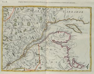 Kanadan itäosa, Pohjois-Nova Scotia ja osa Labradoria, G. Zulianin kaiverrus Tome I:stä Venetsiassa vuonna 1778 julkaistusta "Uusimasta atlasesta", Antonio Zatta, yksityinen kokoelma tekijältä G. Zuliani