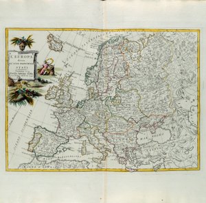 Eurooppa jaettuna päävaltioihinsa, G. Zulianin kaiverrus, joka on otettu Antonio Zattan Venetsiassa vuonna 1776 julkaisemasta uusimman atlasin Tome I:stä, yksityinen kokoelma tekijältä G. Zuliani