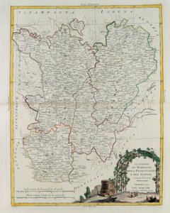 Bourgognen, Franca Contean ja Lyonin hallintoa, G. Zulianin kaiverrus otettu Tome I:stä Venetsiassa vuonna 1777 julkaistusta uusimmasta atlasesta, Antonio Zatta, yksityinen kokoelma tekijältä G. Zuliani