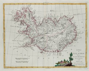Piireihinsä jaettu Islanti, G. Zulianin kaiverrus, joka on otettu Antonio Zattan Venetsiassa vuonna 1781 julkaiseman "Uusimman atlasin" Tome III:sta, yksityiskokoelma tekijältä G. Zuliani